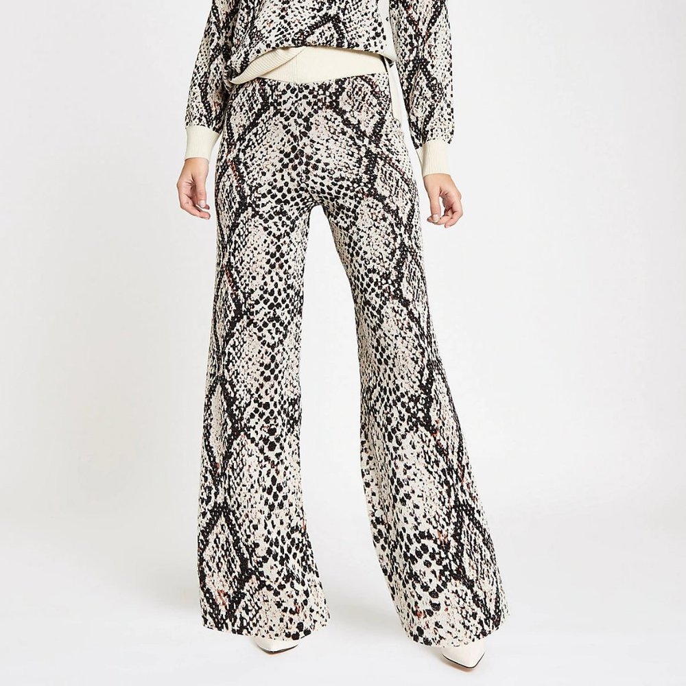 Cream Snake Print Wide Leg Trousers